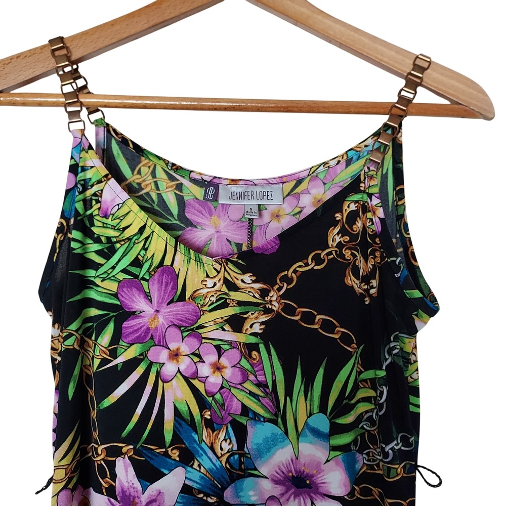 JLo Jennifer Lopez Black Tropical Floral Gold Chain Strap Maxi Dress S Travel